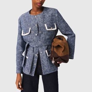 Maje Blue Tweed Blazer with White Accents